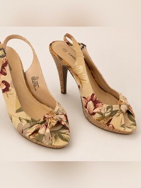 George Floral Slingback Heels Size 9 Neutral Peep Toe Bow Detail 4.5 Inch Heel